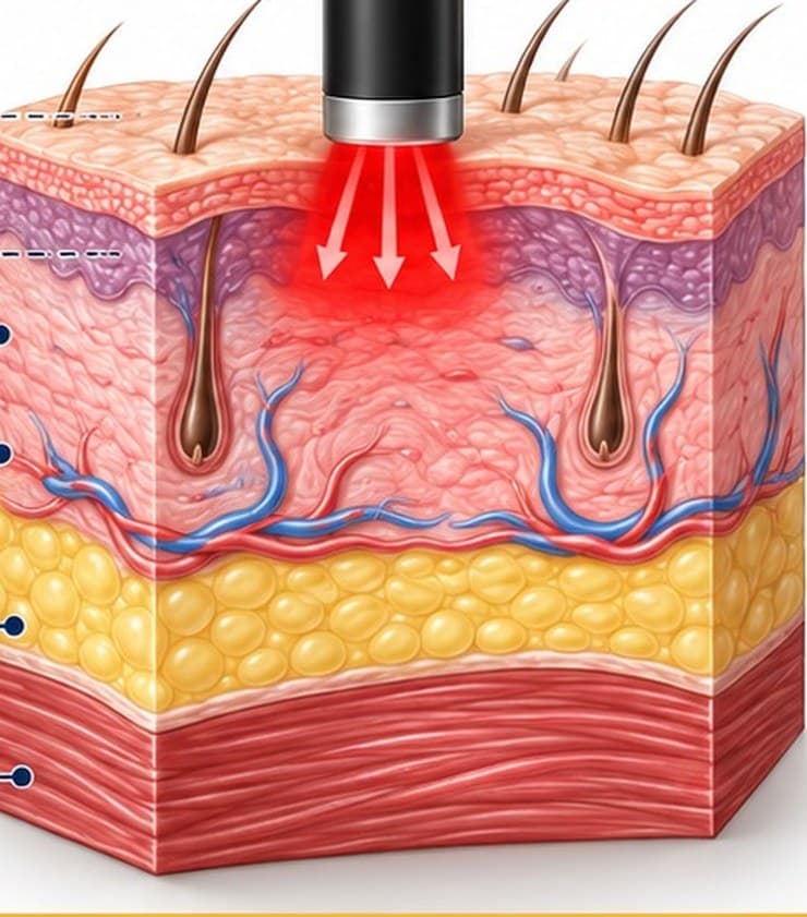 Cross-section of skin showing a Class III laser probe touching the surface, its energy reaching only the outermost layers